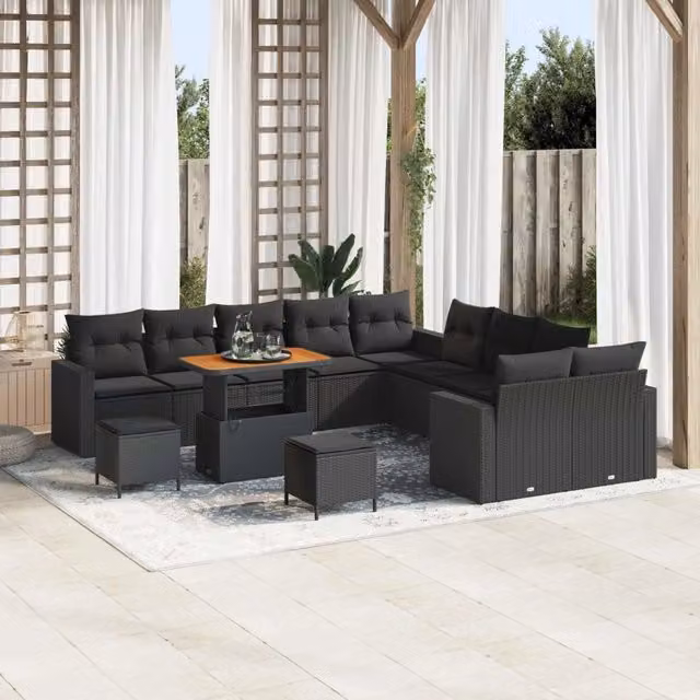 Set Divano da Giardino a Forma di U vidaXL Nero con Cuscini e Tavolino da Caffè in Polyrattan e Metallo