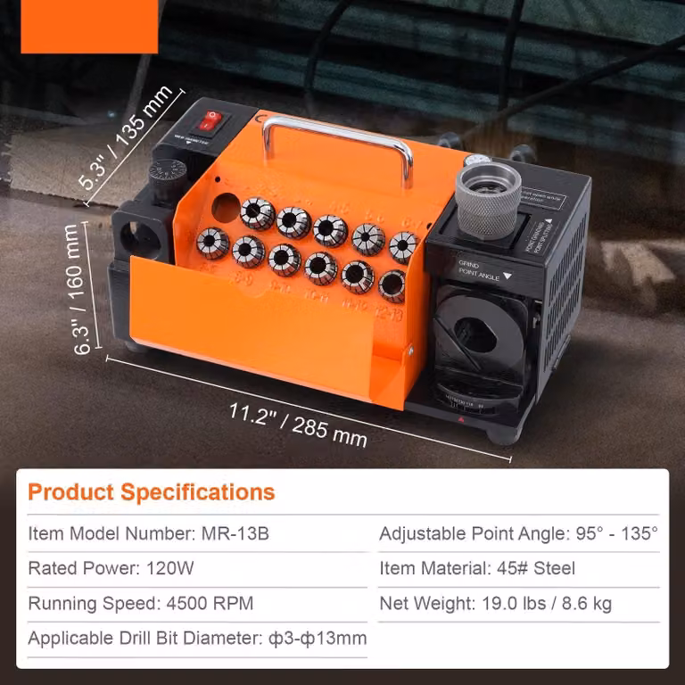 Affilatrice per punte - Affilatrice per trapani - Affilatrice per punte da trapano - Macchina affilatrice - Motore da 120 Watt - Angolo di affilatura regolabile