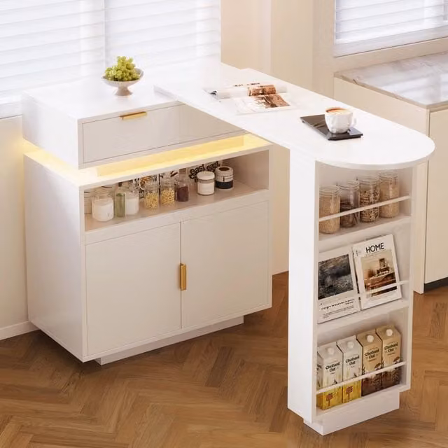 Isola cucina estensibile con piano girevole, MDF bianco, 115-183 x 40 x 99,5 cm, LED e contenitore