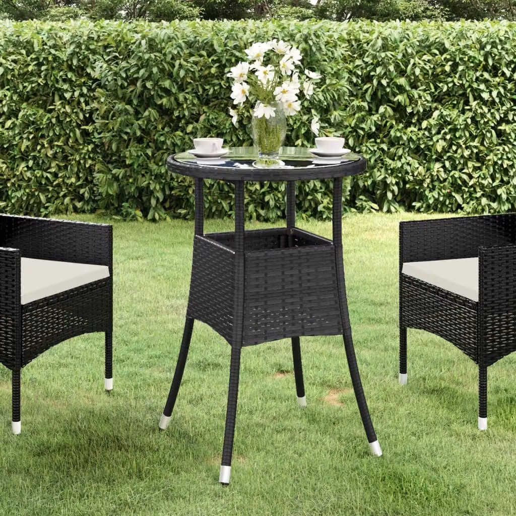 The Living Store tavolo da giardino Ø60x75 cm in vetro temperato e poly rattan nero