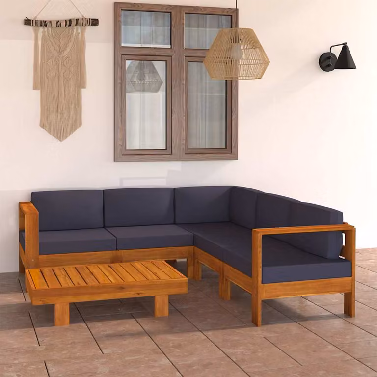 Set Divani da Giardino vidaXL a 6 Posti in Legno di Acacia con Cuscini Grigi e Tavolino da Esterno