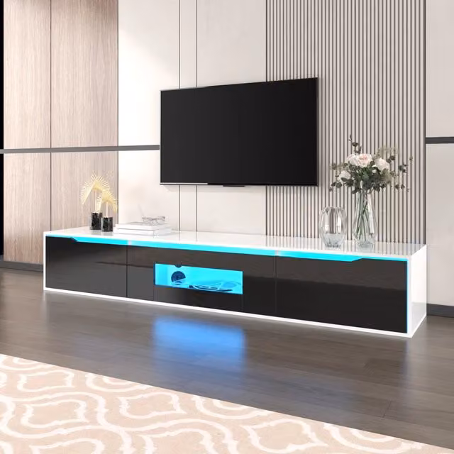 Mobile porta TV REDOM moderno in MDF lucido bianco e nero con illuminazione LED integrata L 180 cm, P 35 cm, H 30 cm