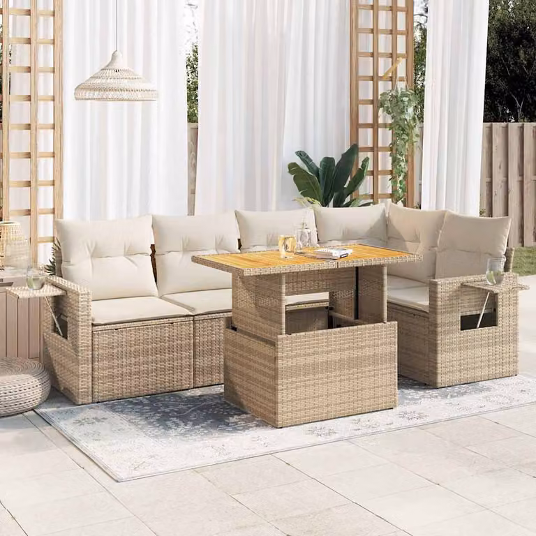 Set Divano da Giardino vidaXL a Forma di L con Tavolino, 6 Pezzi, Beige e Bianco, in Polyrattan con Cuscini Inclusi e Rivestimenti Rimovibili