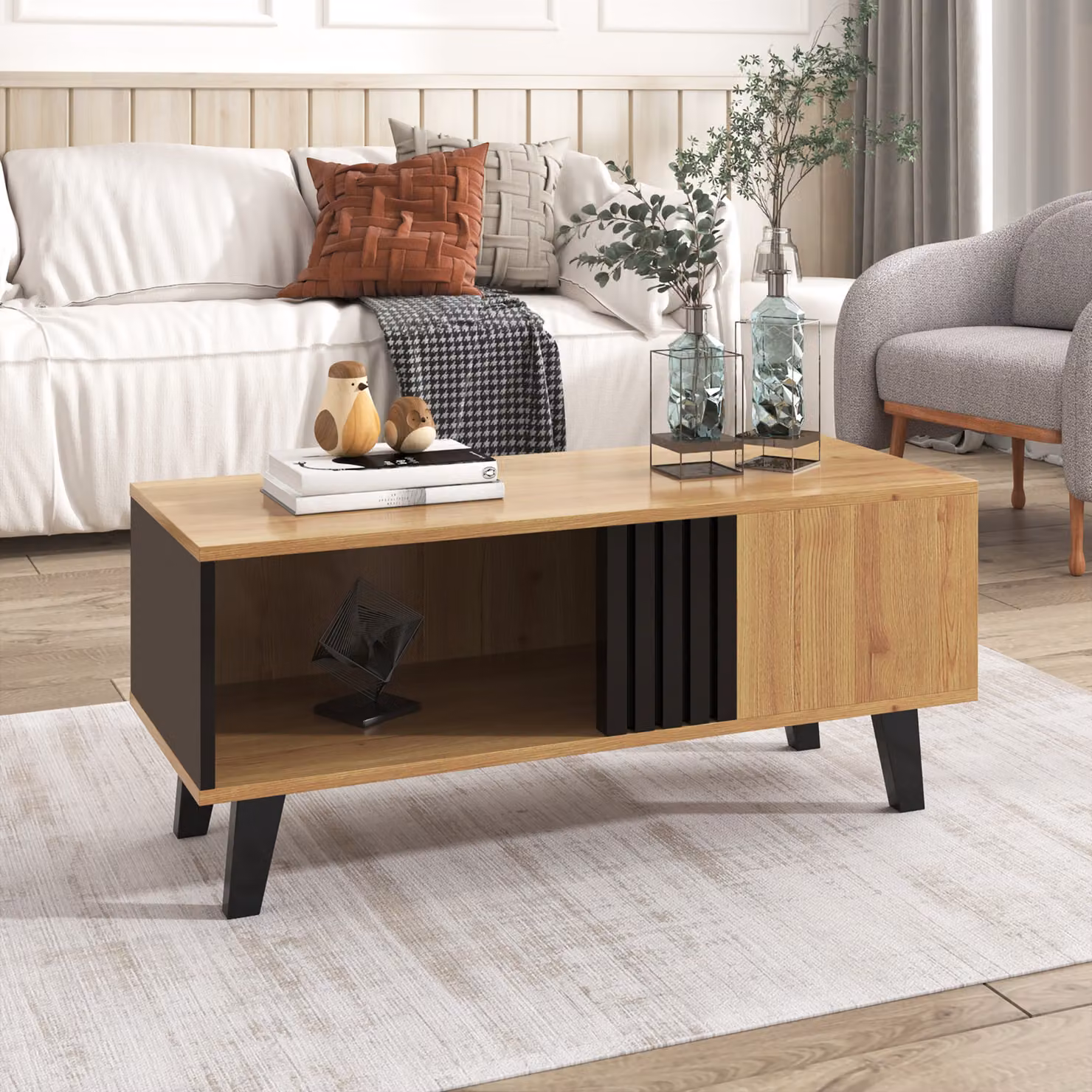 MODFU Tavolo da conferenza Comò Tavolo da soggiorno con spazio contenitivo, cassetti e ripiano, 100 x 60 x 45 cm, colore legno e nero
