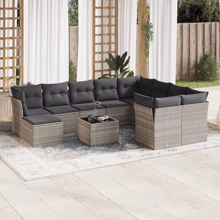 Set Divani da Giardino vidaXL 11 pz in Polyrattan Grigio con Cuscini e Tavolino da Esterno