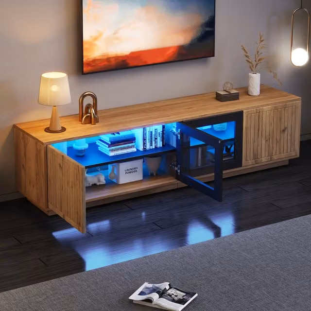 Mobile TV REDOM moderno con illuminazione LED integrata e 4 ante, colore marrone e nero, L 180 cm x P 40 cm x H 45 cm