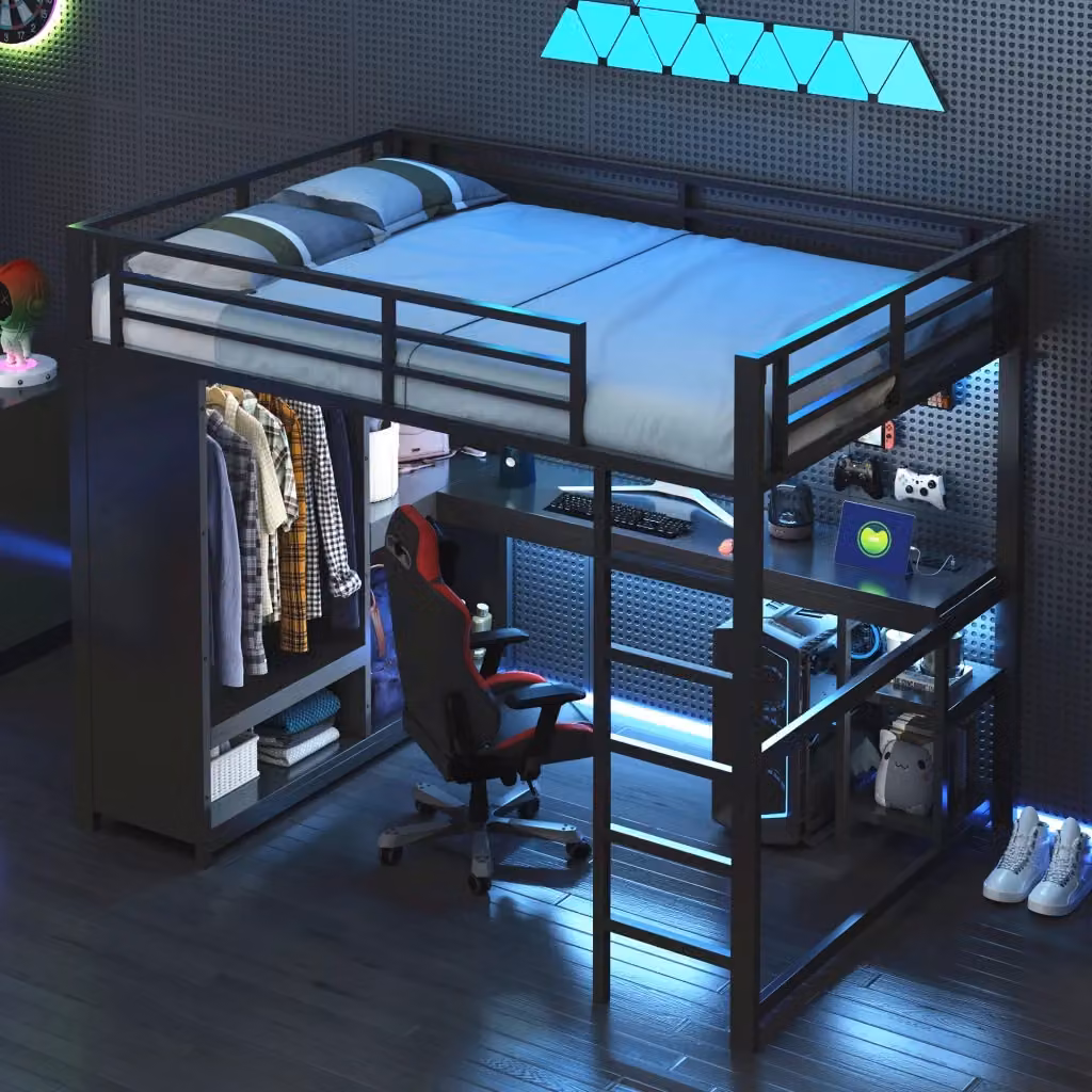 Letto a soppalco matrimoniale Chicfurn con scrivania, armadio aperto, ripiani e illuminazione LED, colore nero, L/P/H: 200 x 140 x 180 cm – 2