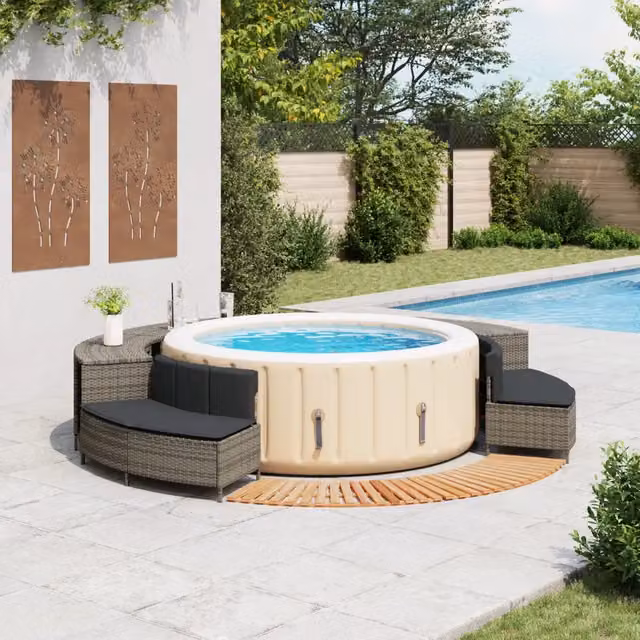 Bordo per Spa vidaXL in Polyrattan Grigio e Legno di Acacia Oliato L: 112 cm, P: 55 cm, H: 45 cm