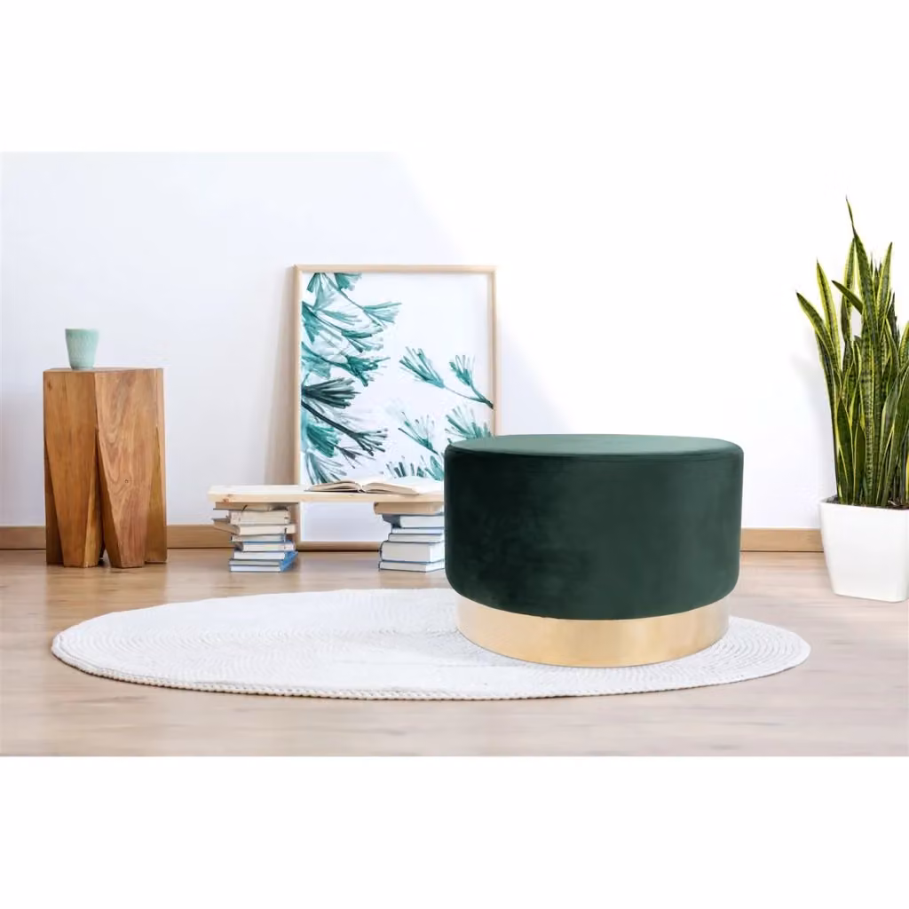 Pouf cilindrico Nano di KENDRA HOME in velluto verde con base dorata, Diametro: 45 cm, Altezza: 35 cm – 2
