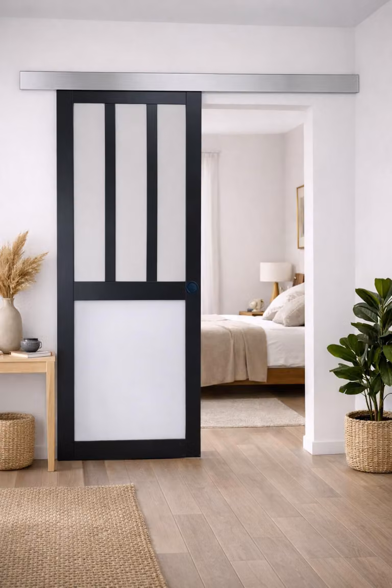 Porta scorrevole da laboratorio nera, con vetro bianco, H204 x L83 cm, binario in alluminio, gusci neri, GD MENUISERIES