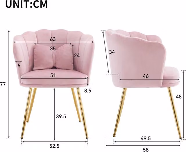 Poltrona in velluto rosa con schienale a petalo; gambe in metallo dorato e cuscino