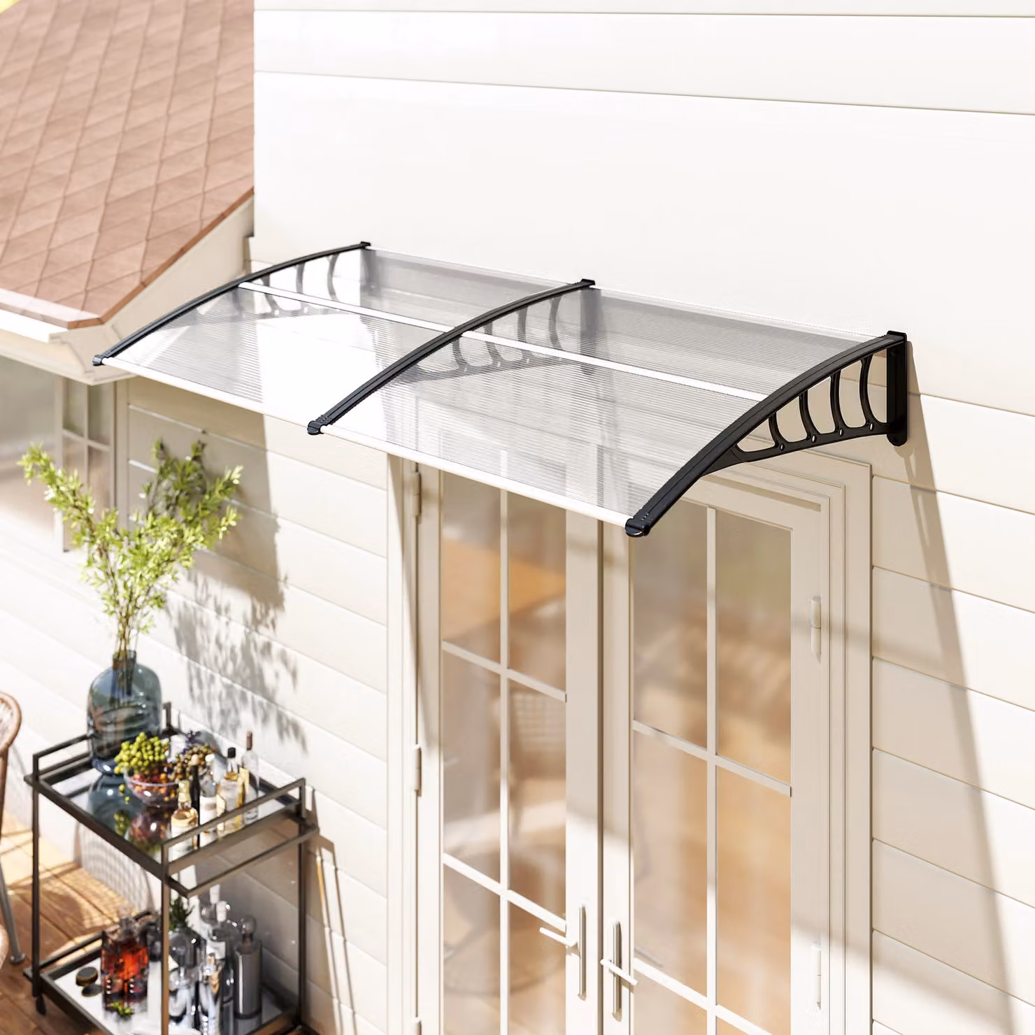 Tettoia moderna Outsunny in alluminio e policarbonato trasparente per balconi, finestre e porte, L 200 x P 96 x H 27 cm – 2