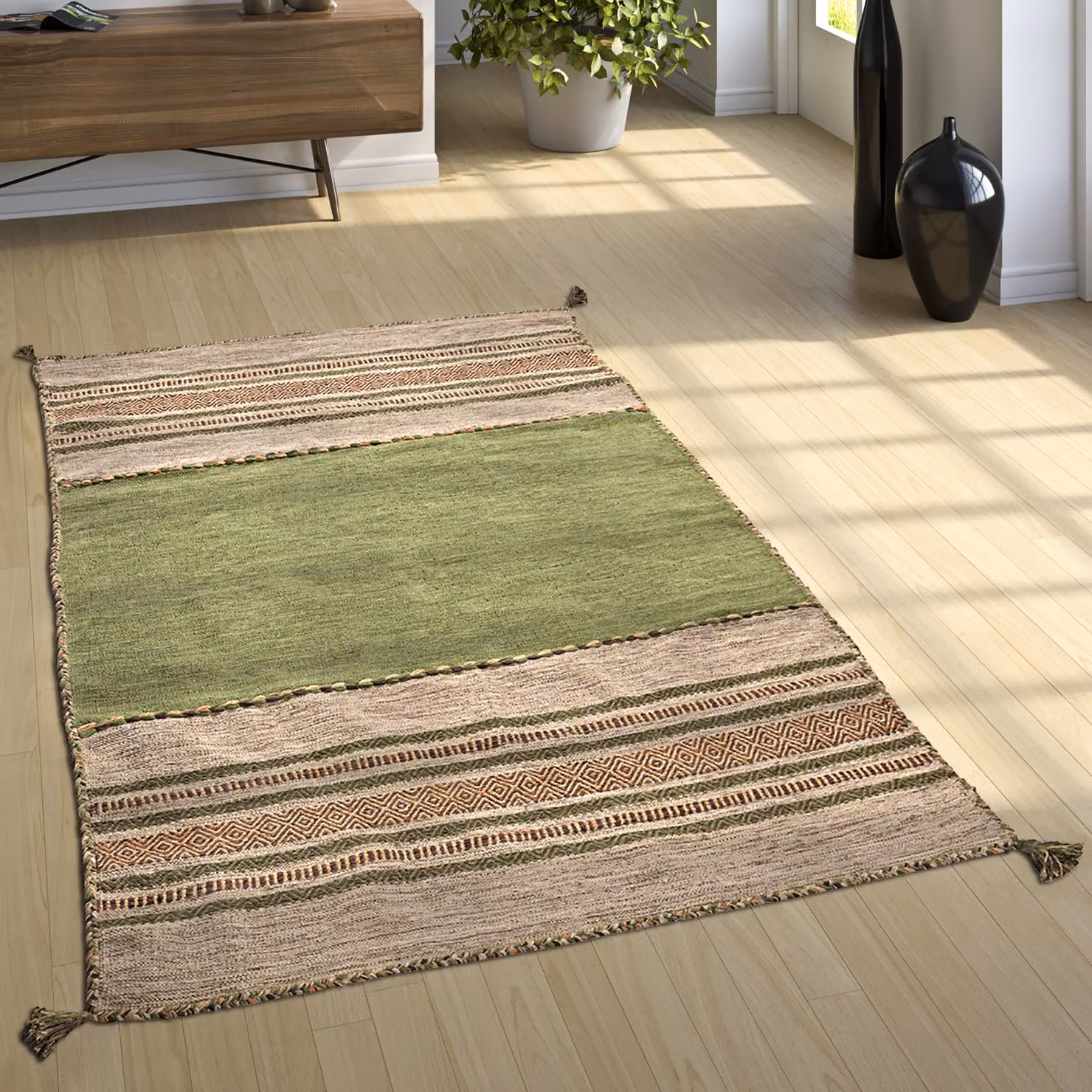 Tappeto Kilim Kilian verde in cotone tessuto a mano con frange L: 160 cm, P: 220 cm – 3