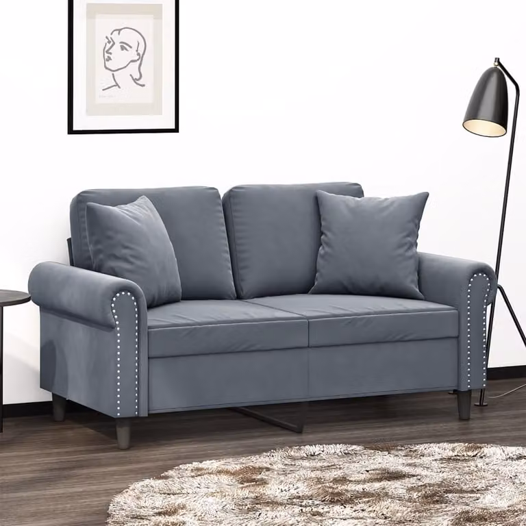 vidaXL Divano a 2 Posti Moderno in Velluto Grigio con Cuscini e Struttura in Metallo L: 152 cm, P: 80 cm, H: 77 cm
