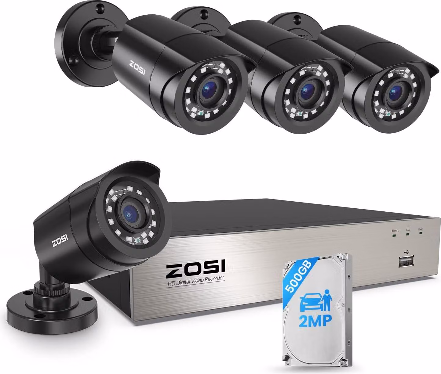 Set telecamera di sorveglianza ZOSI 1080P 8CH 500GB DVR e 4 telecamere di sicurezza video cablate 1080P per esterni, riconoscimento di persone e veicoli, impermeabile