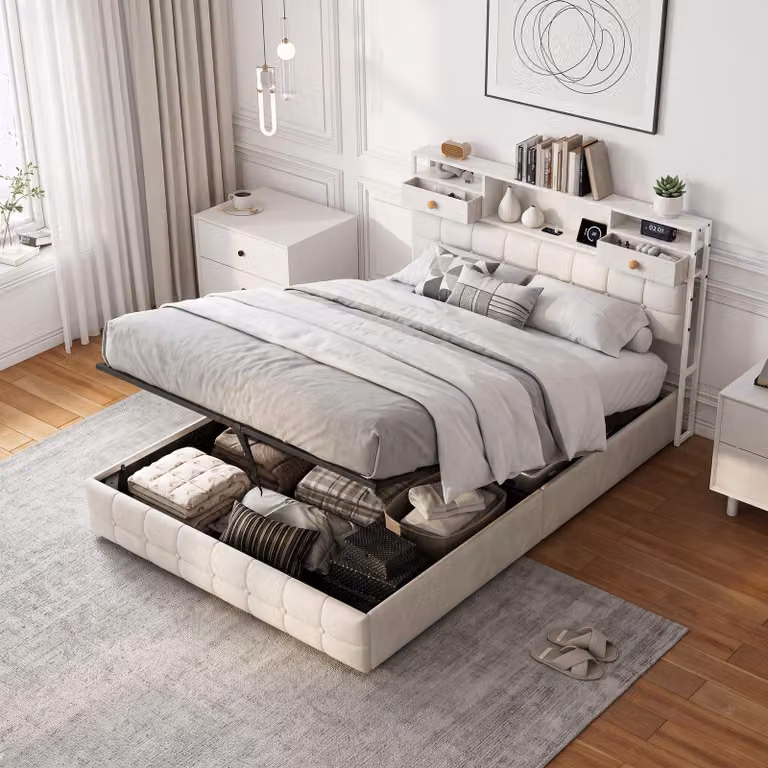 Letto contenitore con boxspring, dimensioni 140x200 cm, con illuminazione LED e prese USB, struttura per letto matrimoniale con rete a molle/sistema di sollevamento idraulico, imbottitura in velluto, colore beige