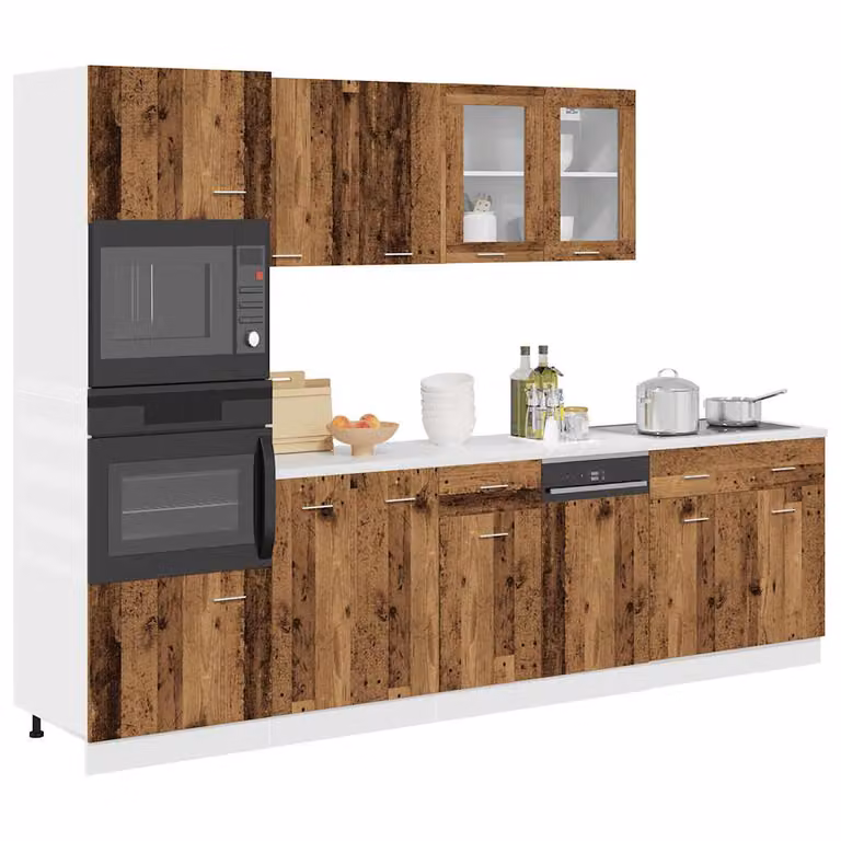 Set di mobili da cucina vidaXL Lyon composto da 7 pezzi in legno antico marrone con ante in vetro e scaffali aperti