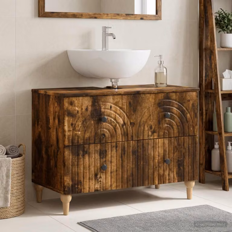 Armadio per lavabo da bagno moderno vidaXL ALKMAAR in legno e metallo, colore marrone e nero, L: 82 cm, P: 41 cm, H: 59 cm