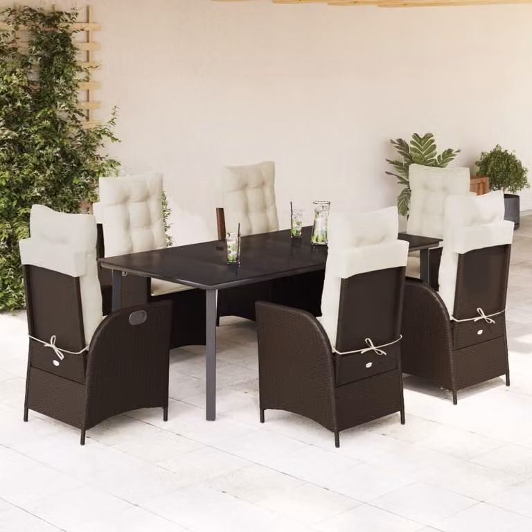 vidaXL Set da Pranzo da Giardino 7pz in Polyrattan Marrone con Piano in Vetro
