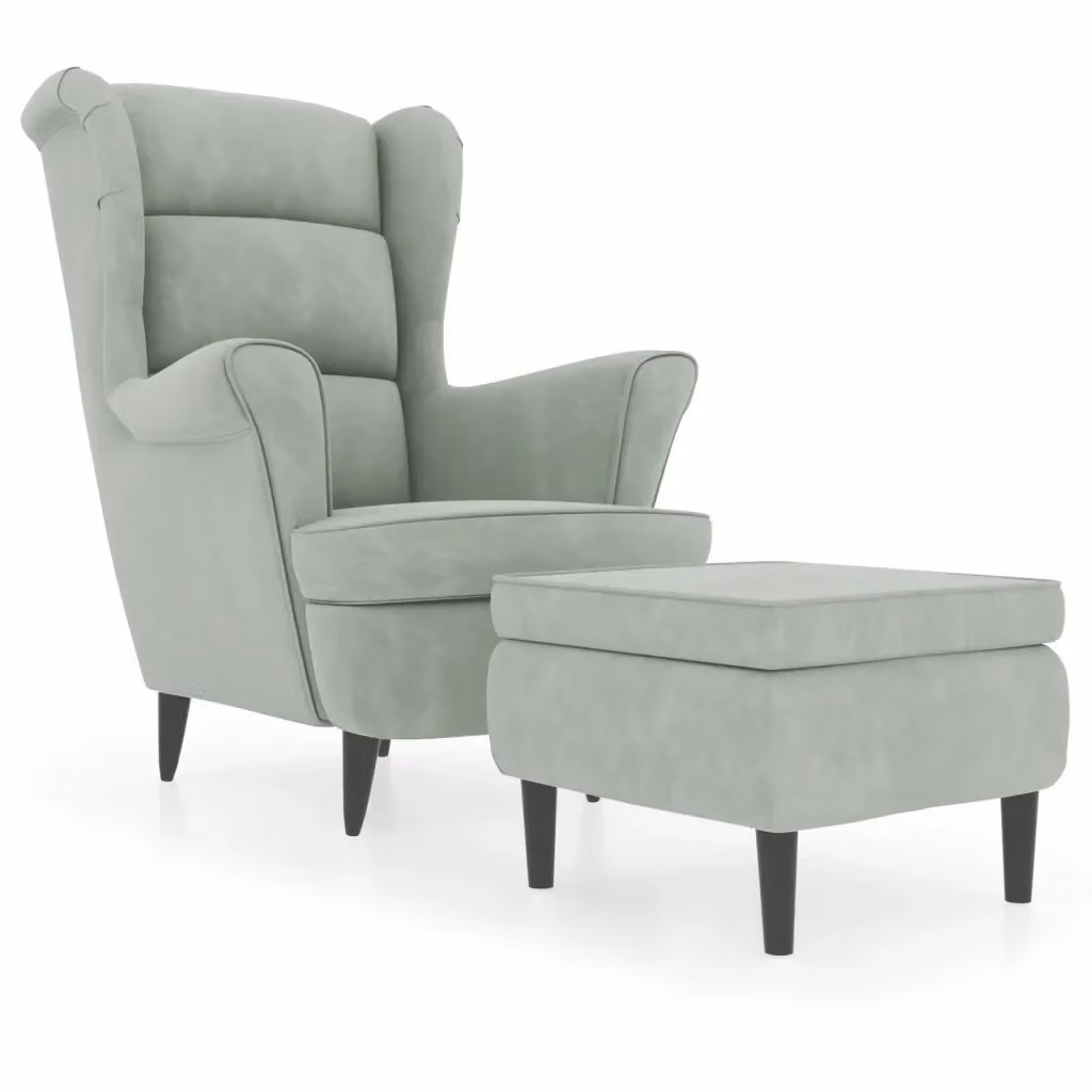 Poltrona con Schienale ad Ala e Poggiapiedi vidaXL in Velluto Grigio Chiaro con Struttura in Legno e Imbottitura in Schiuma L/P/H: 96.5 x 78.0 x 90.0 cm – 2
