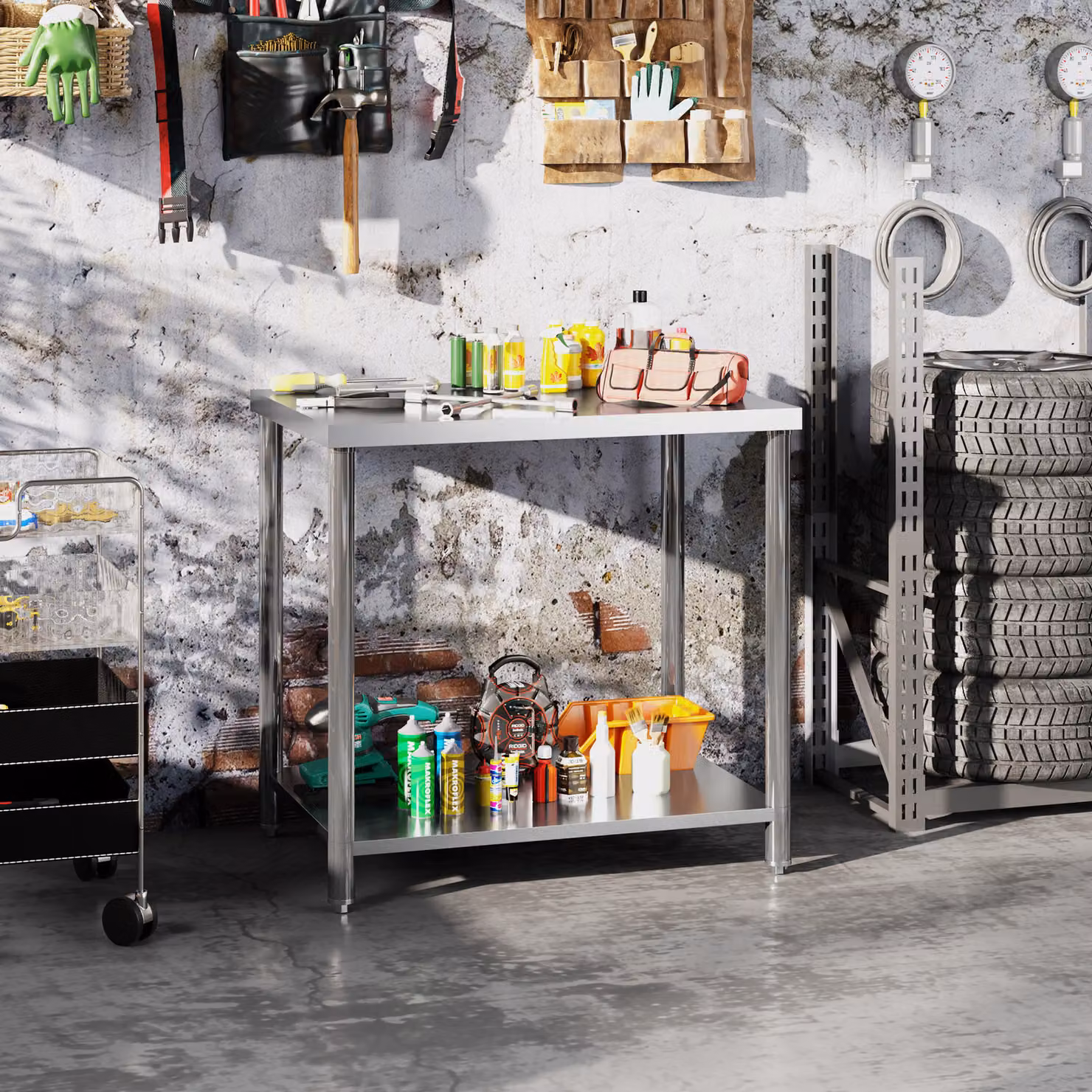 HOMCOM Banco da Lavoro per Garage in Acciaio Inossidabile con 2 Mensole, Argento, L 90 x P 60 x H 86 cm – 2