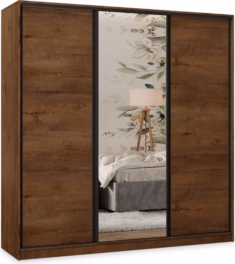 Armadio scorrevole Masseno TARI 180/205/58 cm Armadio con 4 cassetti Armadio per camera da letto a 3 ante con specchio Rovere Lefkas