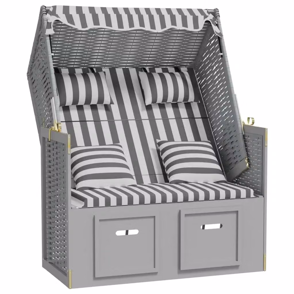 Sedia a sdraioletta da giardino vidaXL in polyrattan e legno massello con tendalino, poggiapiedi e cuscini, colore grigio e bianco a righe – 2