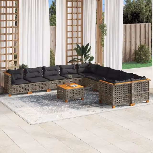 Set di divani da giardino vidaXL in polyrattan grigio con cuscini e tavolino da esterno a forma di U per 11 persone – 1