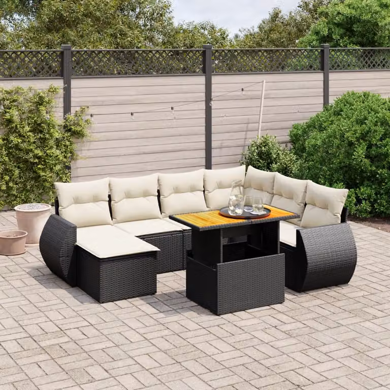 Set Divani da Giardino vidaXL a Forma di L in Polyrattan Nero con 8 Pezzi e Cuscini Inclusi