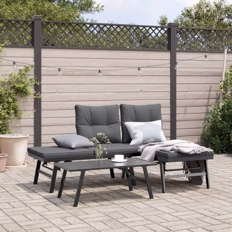 Set di 2 panche da giardino vidaXL in acciaio verniciato con cuscini in tessuto, colore antracite/nero