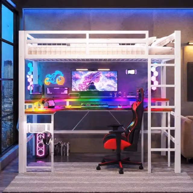 Letto a soppalco 90x200 cm con struttura in ferro, LED RGB, scrivania integrata, 1 USB, 1 Type-C e 2 prese, pannello con fori, bianco