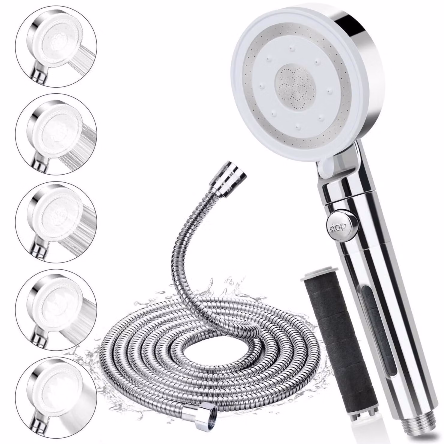 Doccia con tubo flessibile da 2 metri, alta pressione, con filtro, 5 getti, funzione di arresto, acciaio inossidabile, colore argento
