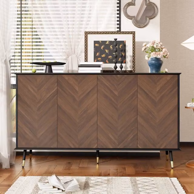 Credenza FOLYNA moderna con 4 ante e ripiani regolabili in MDF, motivo a spina di pesce, colore nero e marrone, L 140 x P 40 x H 80 cm