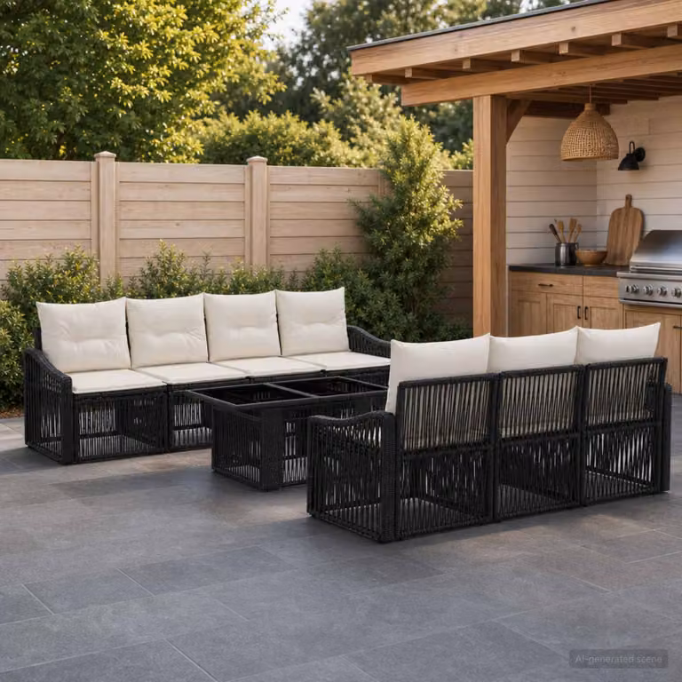 Set Divano da Giardino vidaXL 8 pz in Polyrattan Nero e Bianco Crema con Cuscini Imbottiti