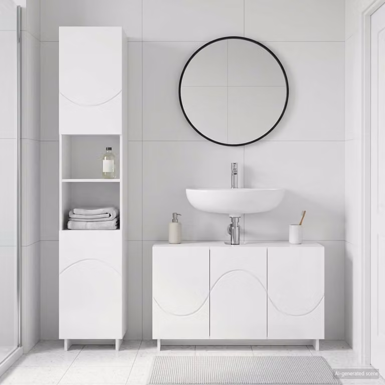 Set mobili da bagno vidaXL in 2 pezzi bianco lucido in MDF composto da base lavabo e colonna alta L/P/H: 101 x 41 x 180 cm e 51,89 x 41 x 66 cm
