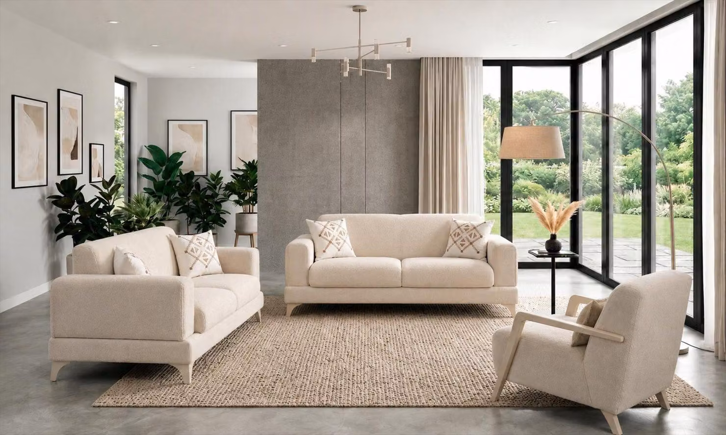 Wohnzimmer Set 2x 2-Sitzer Sofa Sessel Beige Stoff Modern