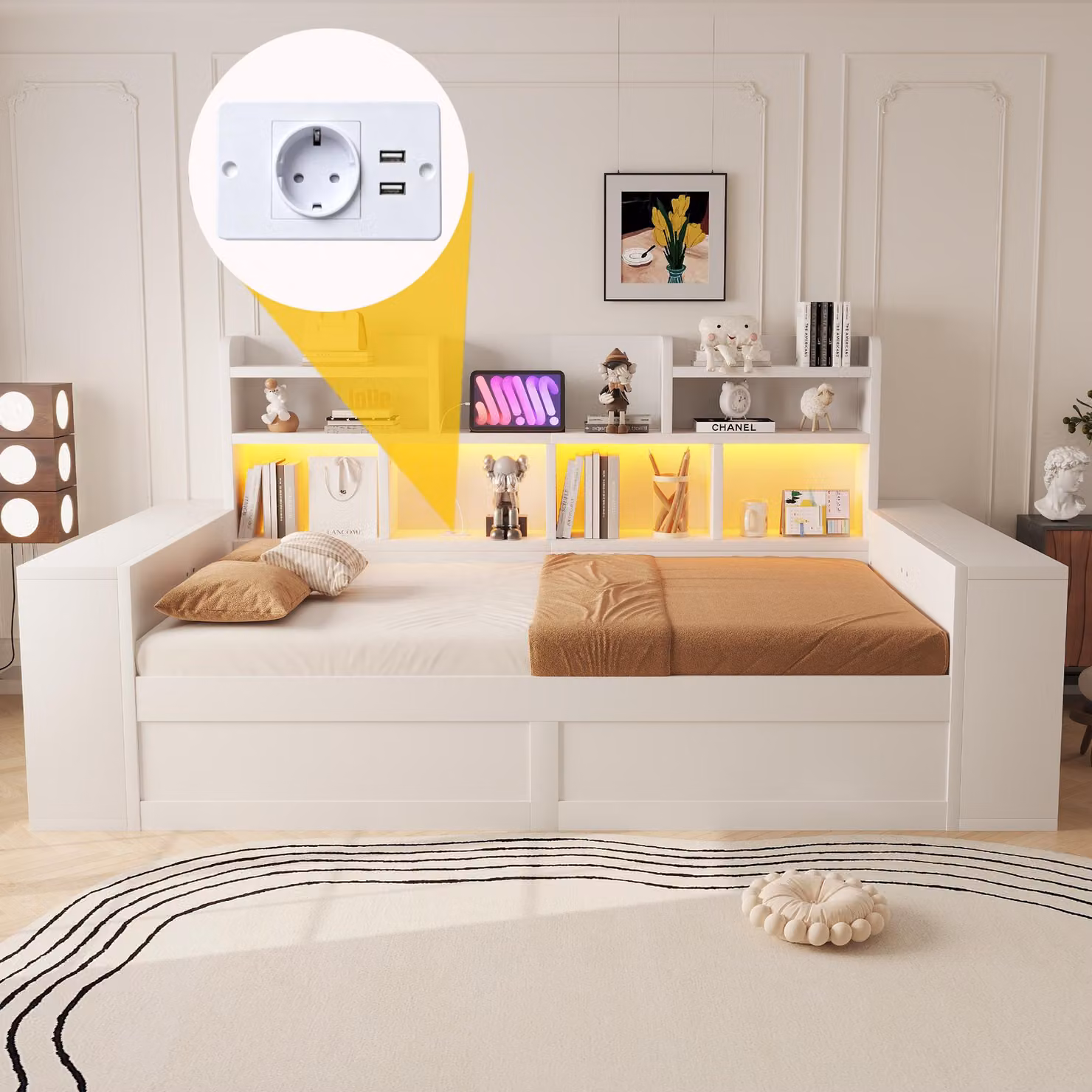 Letto a giorno okwish 90x200 con illuminazione LED, porta USB e spazio contenitore integrato, letto per bambini con cassettone, letto multifunzionale bianco, senza materasso