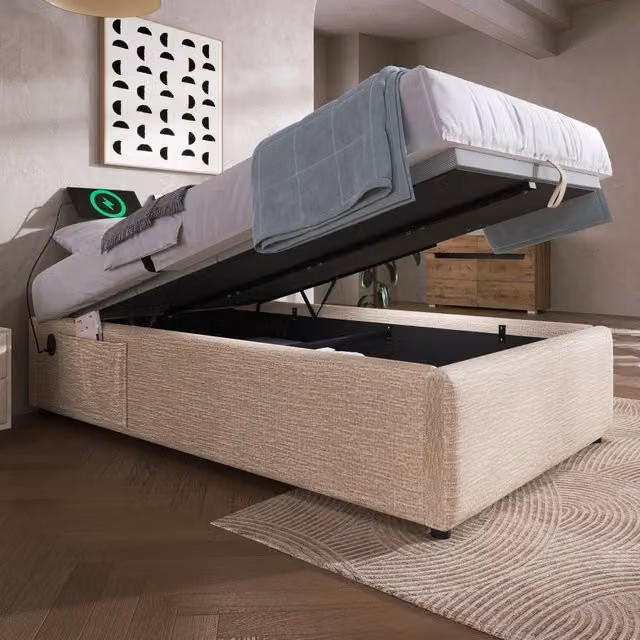 Letto Singolo 90x200 cm Letto Contenitore Idraulico Senza Testiera in Lino Naturale con Prese USB/Type-C