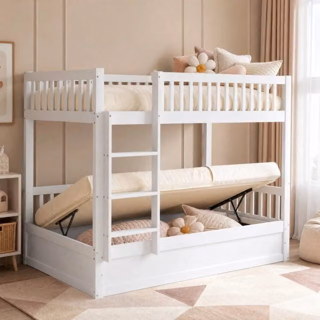 Letto a castello per bambini 90x200 cm in legno massello con sistema di stoccaggio idraulico bianco