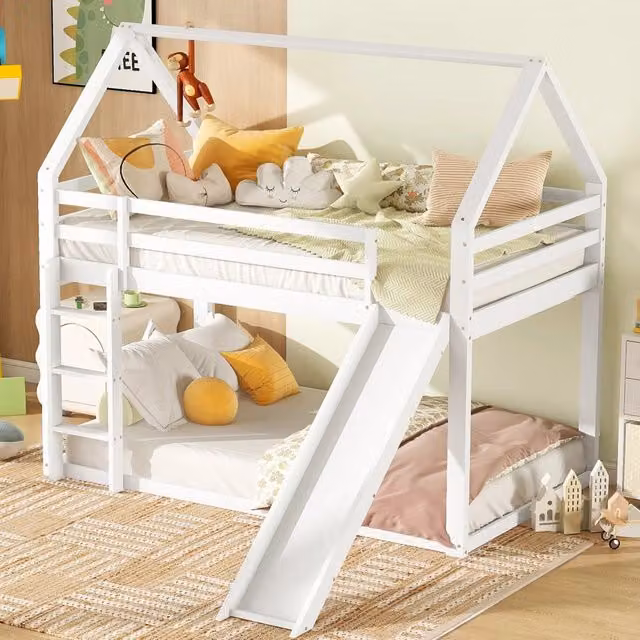 Etagenbett per bambini a forma di casetta con rampa e scala; bianco; 90x200 cm