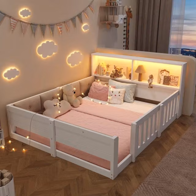 Letto singolo Minimal bianco con illuminazione LED sottostante e ripiani laterali, L/P: 140 x 200 cm – 1
