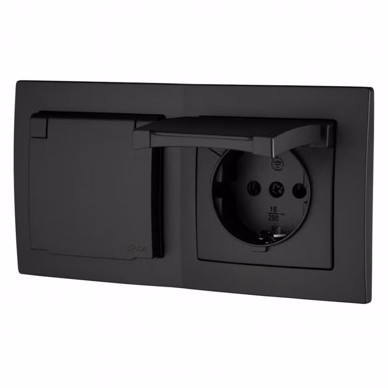 Prese multiple da incasso, doppia, grado di protezione IP44, serie Aqua, colore nero