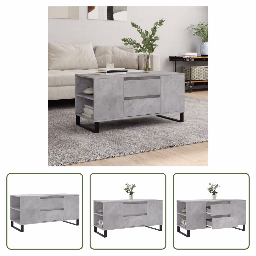 The Living Store tavolino in cemento grigio 102x44,5x50 cm materiale a base di legno