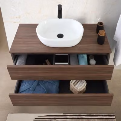 Mobile bagno sospeso Kleo con top lavabo e specchio color noce e ossido L: 100 cm – 2