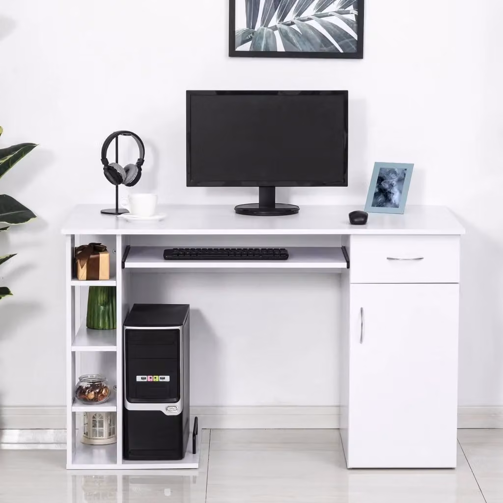 Scrivania da ufficio HMC bianca con ripiano per PC e mensole L/P/H: 120 x 60 x 74 cm – 2