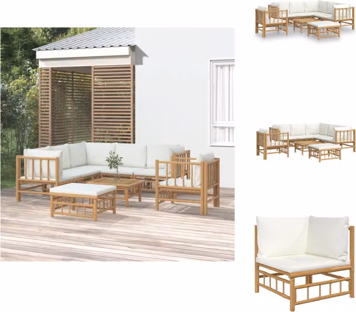 vidaXL Set di 8 pezzi per salotto da giardino con cuscini in bambù bianco crema - Set di mobili da giardino