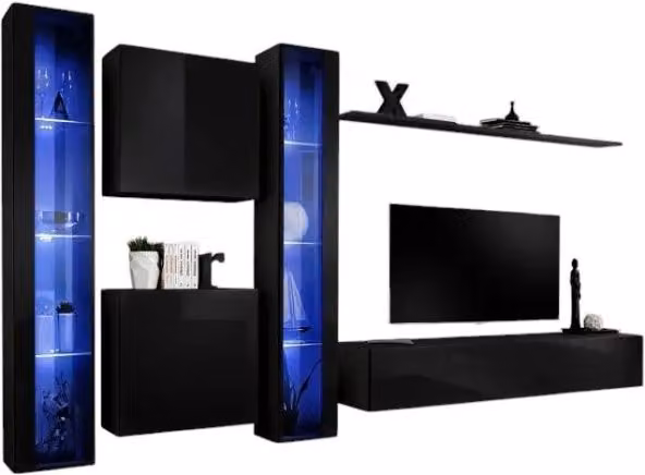 Composizione murale Meublorama SWITCH XVI in nero lucido con mobile TV, vetrine in vetro con illuminazione integrata e scaffali per il tuo soggiorno L: 330 cm, H: 180 cm, P: 40 cm
