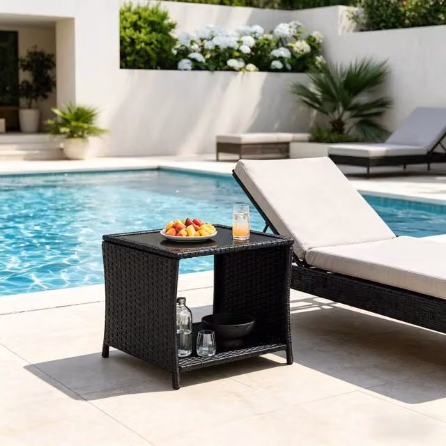 Tavolino da caffè quadrato Komhtom in polyrattan nero con piano in vetro e contenitore per cuscini per giardino e patio – 1