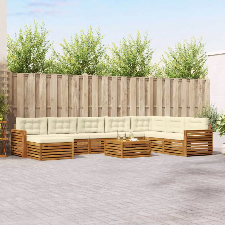 vidaXL Set di divani da esterno componibile 9 pz in legno di acacia con cuscini, marrone e beige