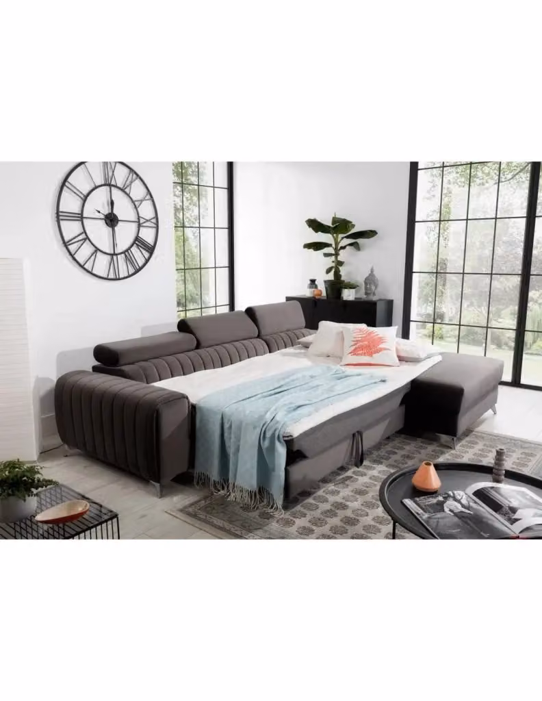 Divano ad angolo destro JAYSON MEUBLORAMA convertibile a 3 posti in tessuto grigio e marrone con poggiatesta regolabili e funzione letto L/P/H: 278 x 205 x 92 cm – 2